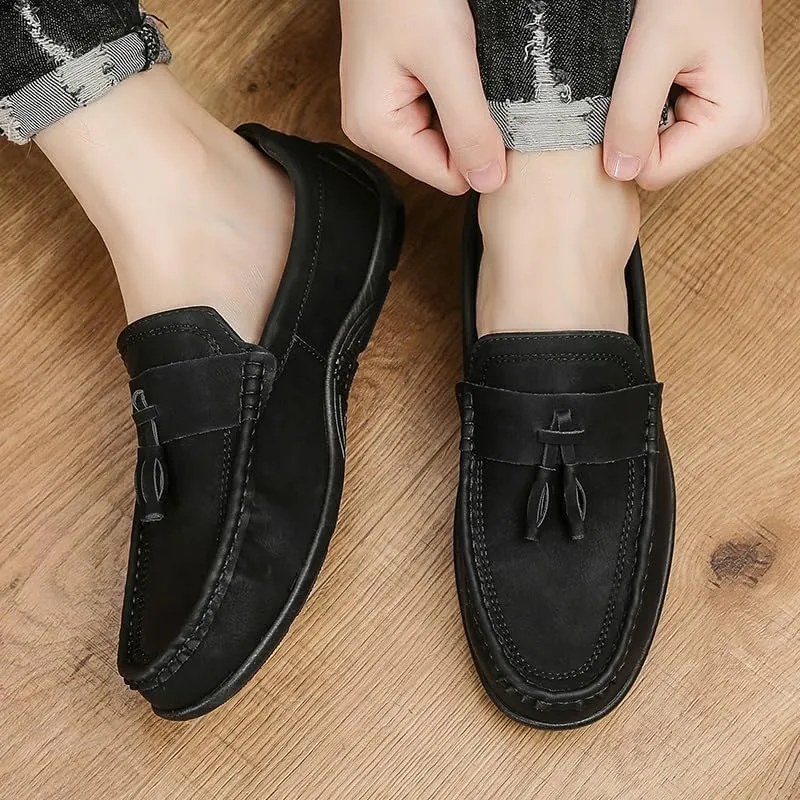 Mens Loafers Round Toe PU Leather Penny Loafers Tassel Slip Resistant Lightweight Anti-Slip Classic Casual Slip-on