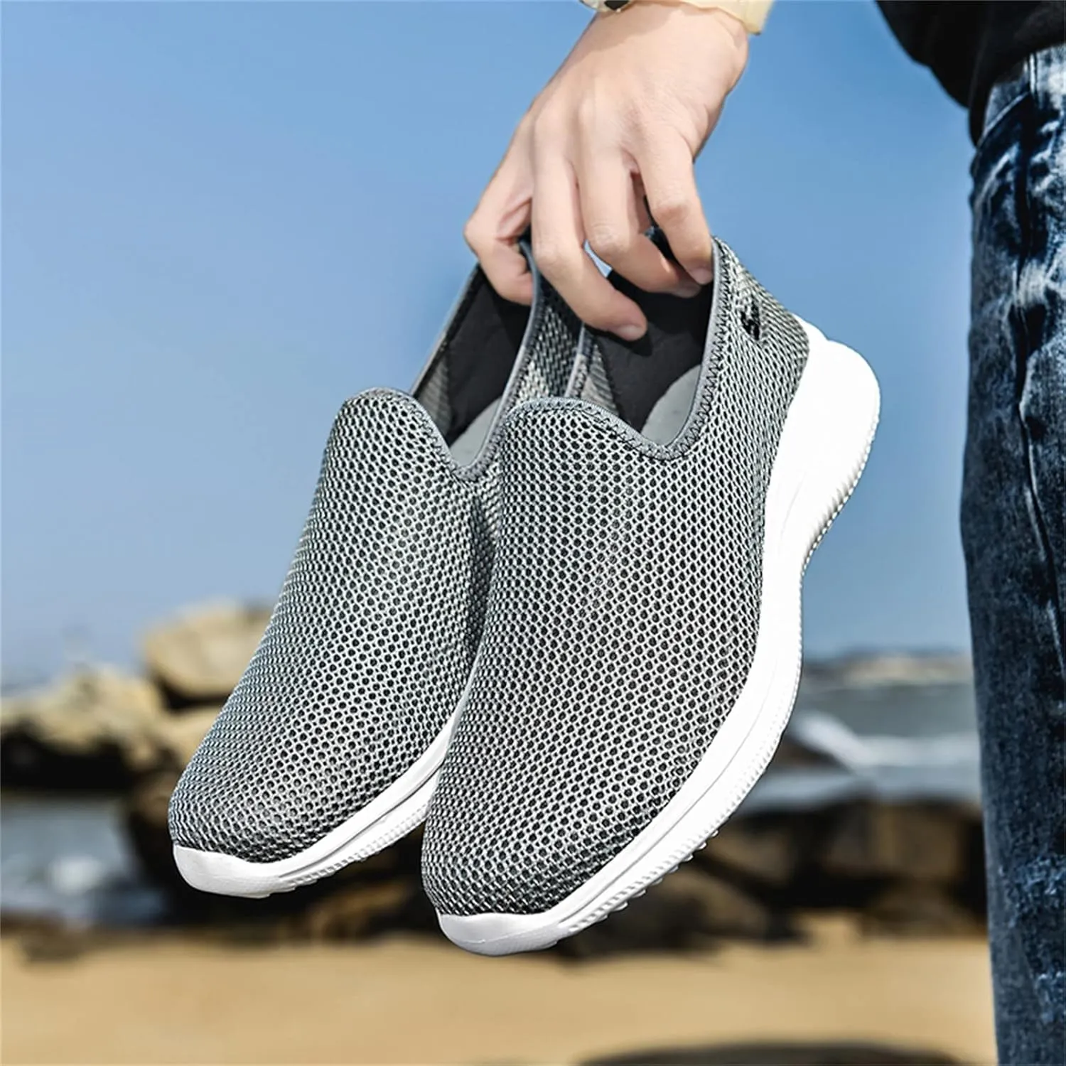 Mens Mesh Orthopedic Breathable Solid Color Casual Running Shoes Comfortable Lighweight Sneakers Soft Sole Slip on Comfy Outdoor Walking Shoes