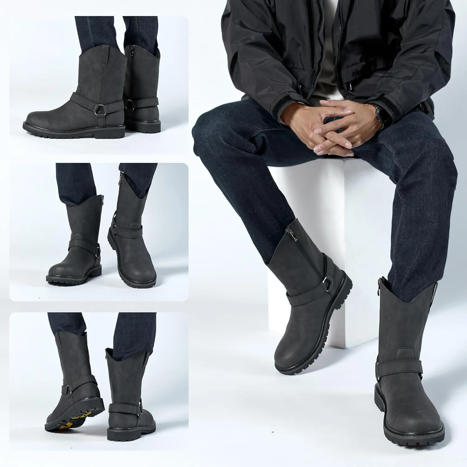 Men's Motorcycle Leather Boots - Black Waterproof Low Heeled Riding, Bicycle, Wide Calf Cowboy, and Hiking Boots