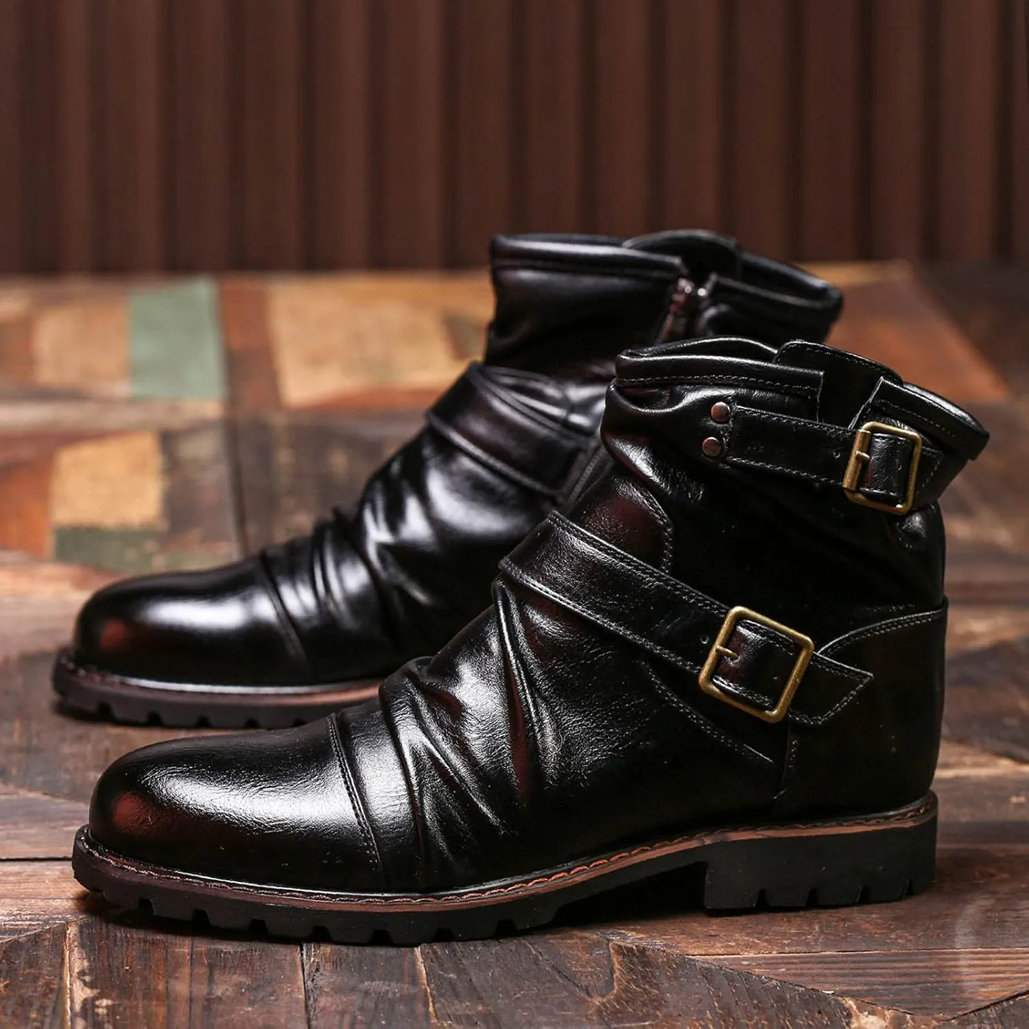 Mens Retro Ankle Boots with Double Buckle Strap Cool Leather Boots with Arch Support Men Round Toe High Top Dress Shoes Non Slip Comfortable Motorcycle Shoes Waterproof Durable Leather Shoe