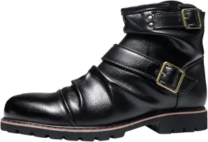 Mens Retro Ankle Boots with Double Buckle Strap Cool Leather Boots with Arch Support Men Round Toe High Top Dress Shoes Non Slip Comfortable Motorcycle Shoes Waterproof Durable Leather Shoe