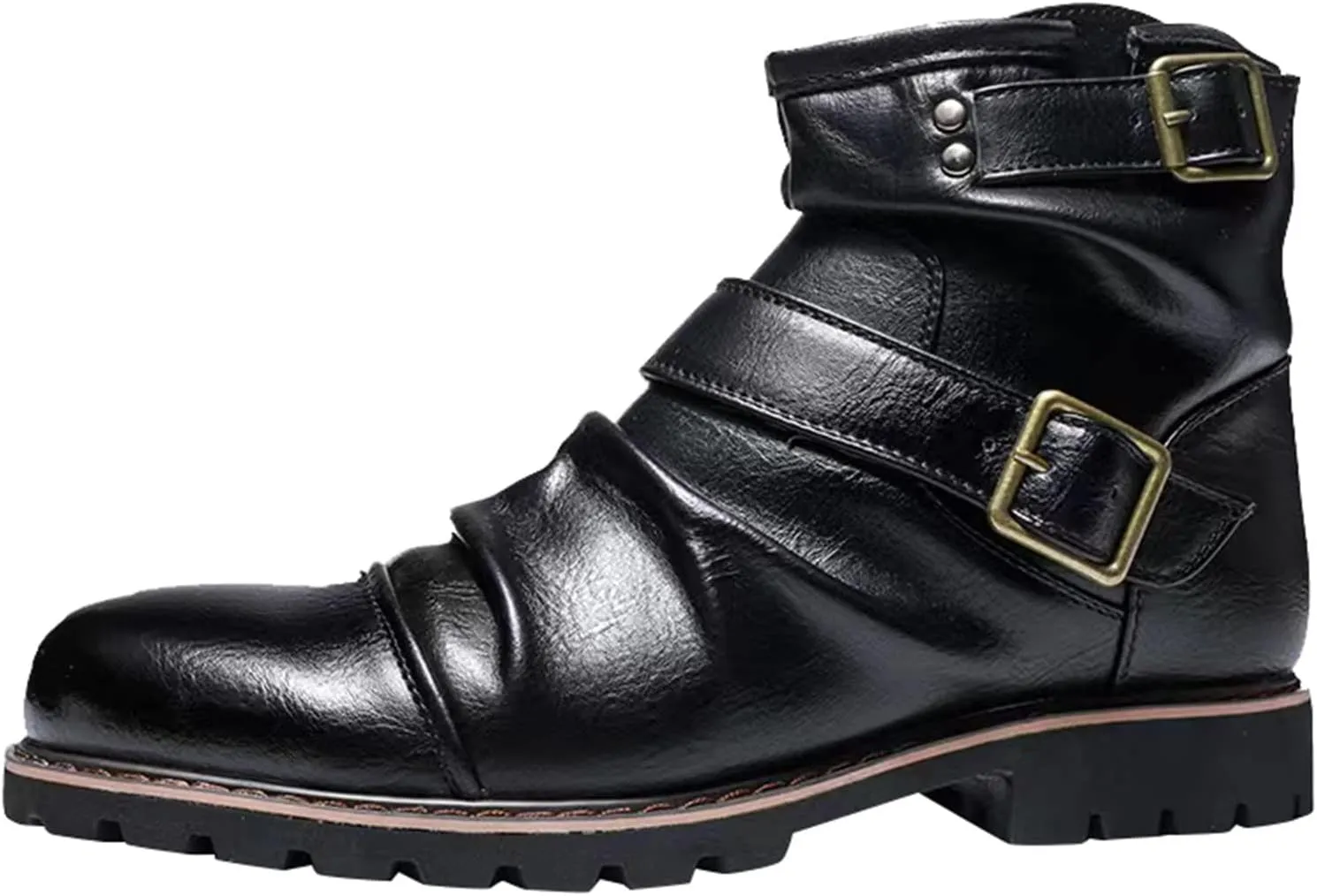 Mens Retro Ankle Boots with Double Buckle Strap Cool Leather Boots with Arch Support Men Round Toe High Top Dress Shoes Non Slip Comfortable Motorcycle Shoes Waterproof Durable Leather Shoe