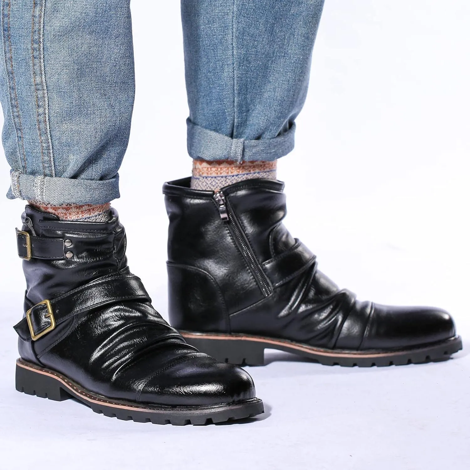 Mens Retro Ankle Boots with Double Buckle Strap Cool Leather Boots with Arch Support Men Round Toe High Top Dress Shoes Non Slip Comfortable Motorcycle Shoes Waterproof Durable Leather Shoe