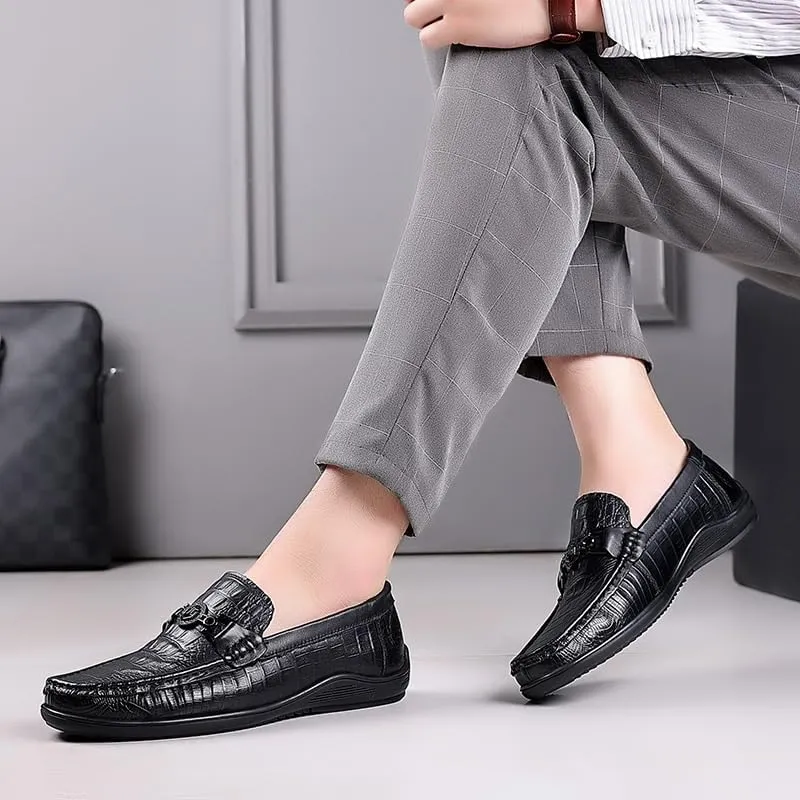 Men's Round Toe Leather Flat Loafers Classic Round Toe Non-Slip Soft Sole Driving Slip-On Business Moccasins Boat Shoes