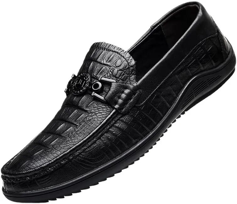 Men's Round Toe Leather Flat Loafers Classic Round Toe Non-Slip Soft Sole Driving Slip-On Business Moccasins Boat Shoes
