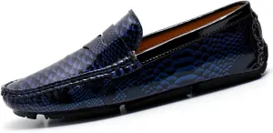 Men's Slip-On Flats Driving Loafers with Snake Print Outdoor Leather Shoes