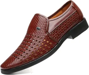 Men's Slip-On Formal Business Hollow Oxford Shoes,Summer Breathable Genuine Leather Pointed Toe Formal Leather Shoes,Tuxedo Wedding Modern Leather Shoes.
