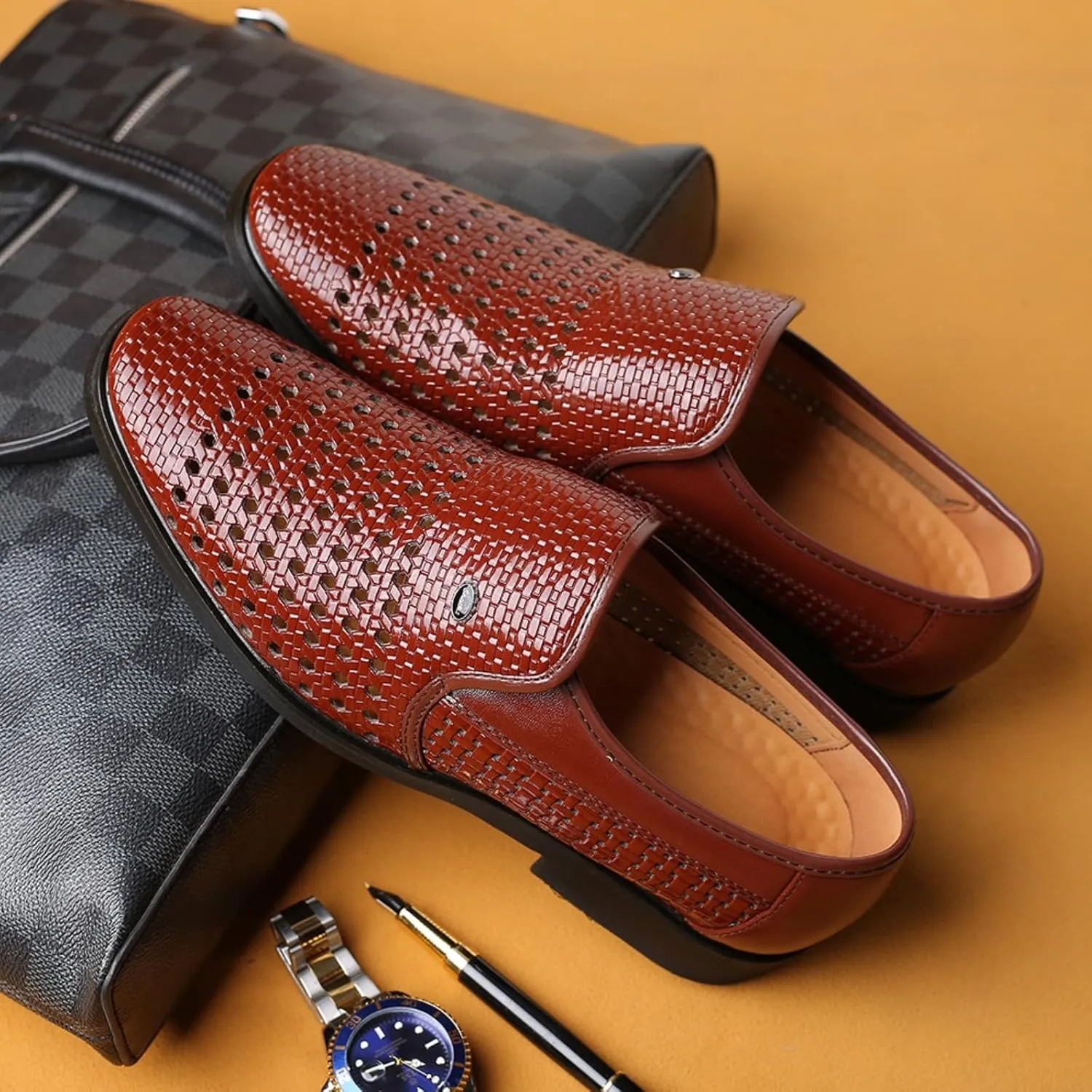 Men's Slip-On Formal Business Hollow Oxford Shoes,Summer Breathable Genuine Leather Pointed Toe Formal Leather Shoes,Tuxedo Wedding Modern Leather Shoes.
