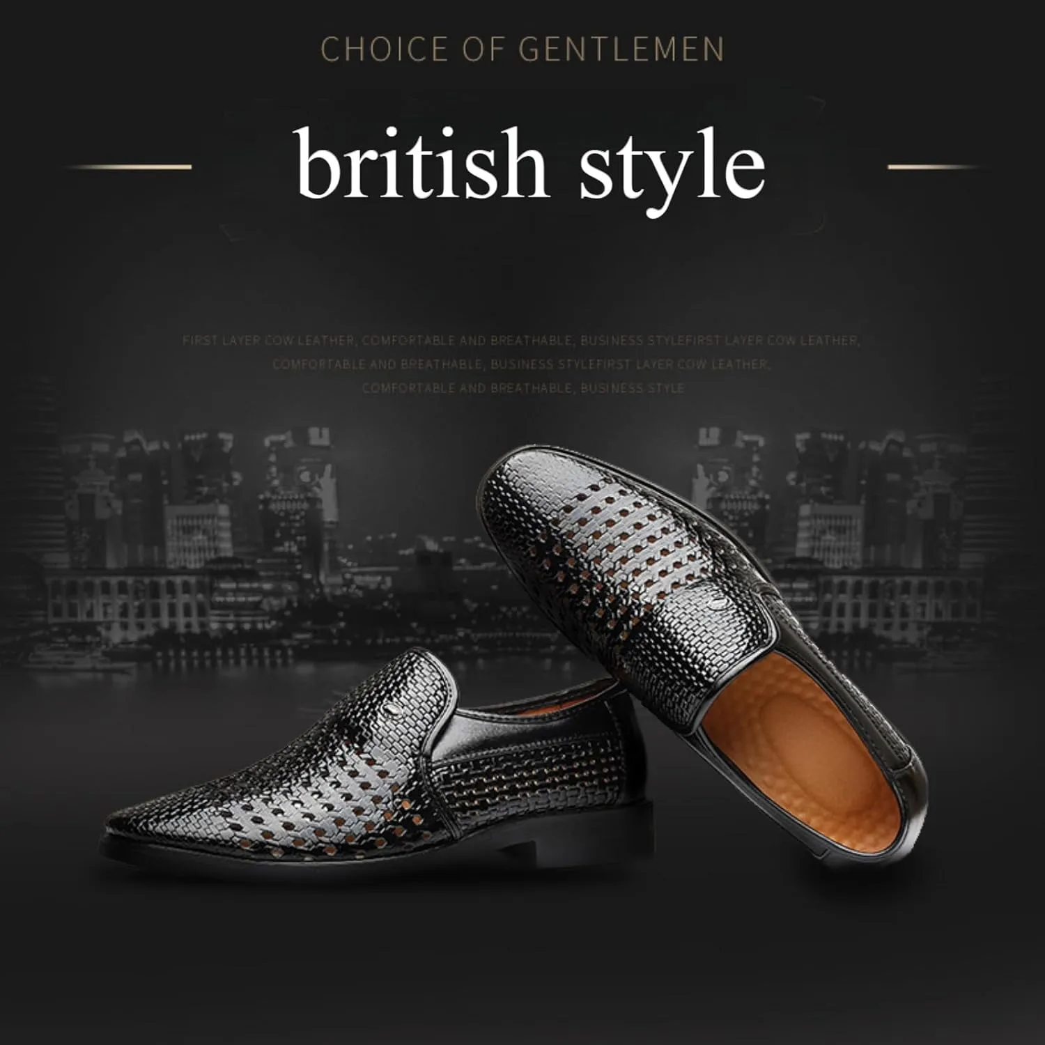 Men's Slip-On Formal Business Hollow Oxford Shoes,Summer Breathable Genuine Leather Pointed Toe Formal Leather Shoes,Tuxedo Wedding Modern Leather Shoes.