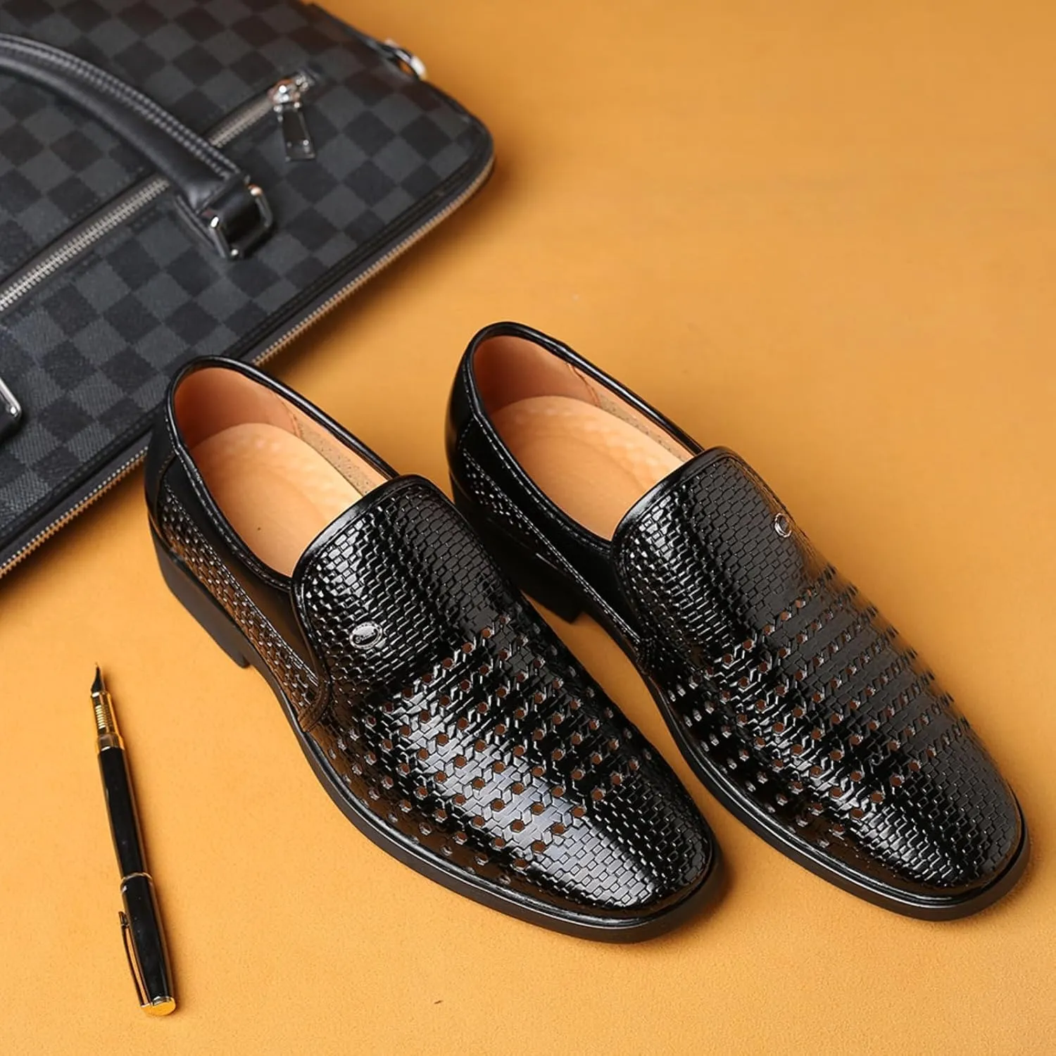 Men's Slip-On Formal Business Hollow Oxford Shoes,Summer Breathable Genuine Leather Pointed Toe Formal Leather Shoes,Tuxedo Wedding Modern Leather Shoes.