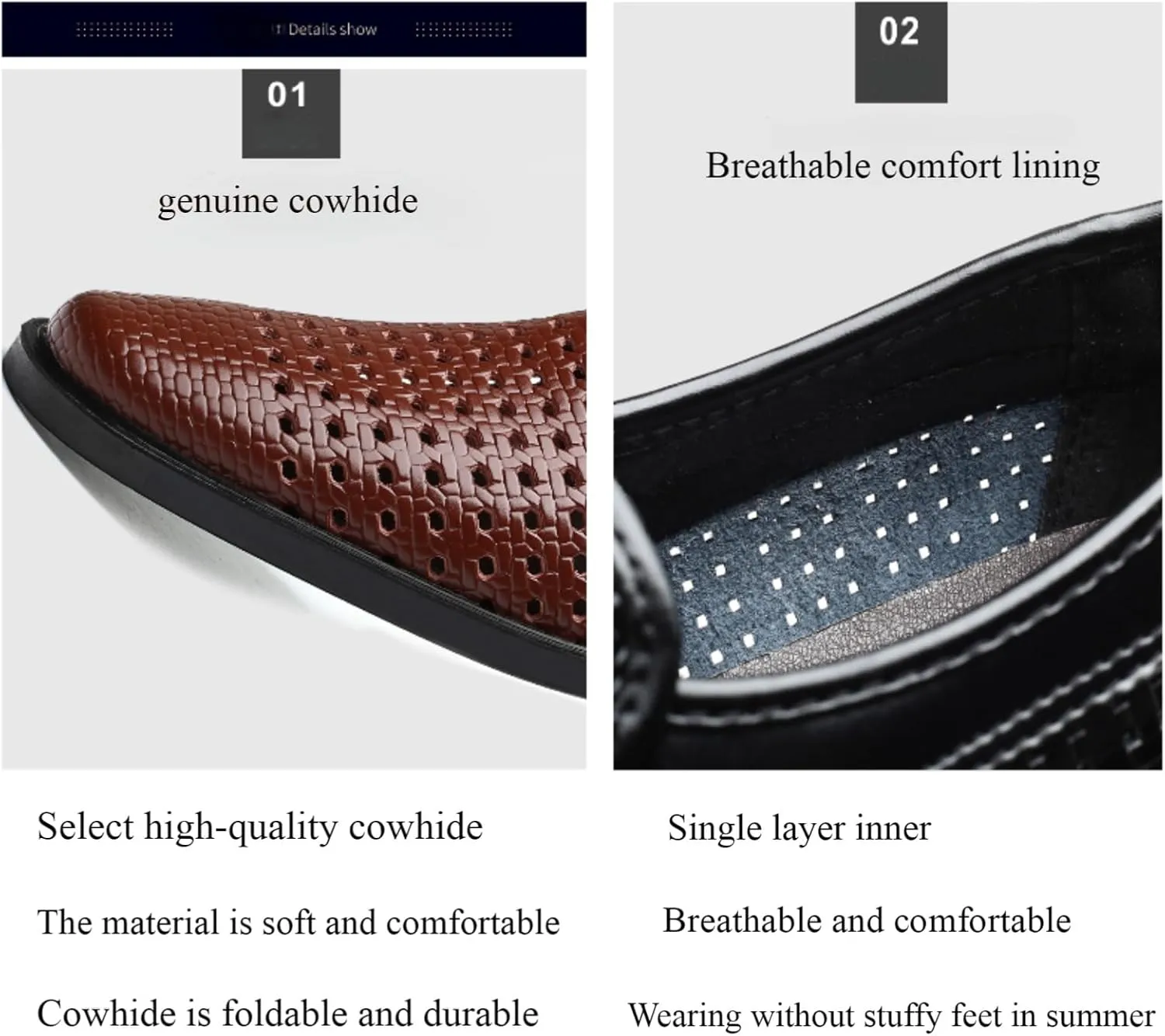 Men's Slip-On Formal Business Hollow Oxford Shoes,Summer Breathable Genuine Leather Pointed Toe Formal Leather Shoes,Tuxedo Wedding Modern Leather Shoes.
