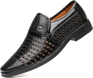 Men's Slip-On Formal Business Hollow Oxford Shoes,Summer Breathable Genuine Leather Pointed Toe Formal Leather Shoes,Tuxedo Wedding Modern Leather Shoes.