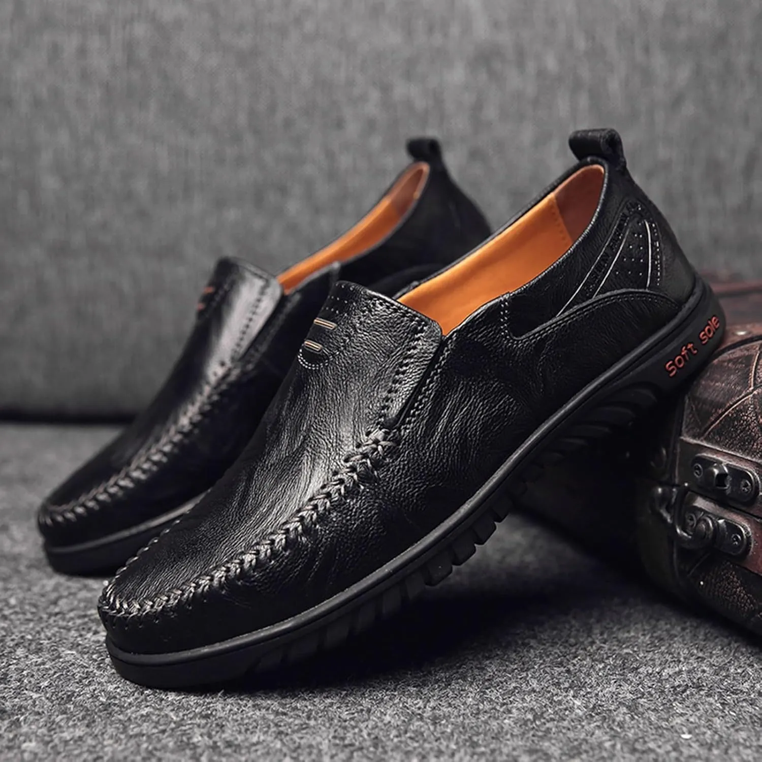 Mens Slip on Leather Shoes Non Slip Flat Walking Leather Shoes Comfortable Daily Work Loafers with Soft Sole Mens Supple Business Office Casual Shoe Durable Footwear for Men