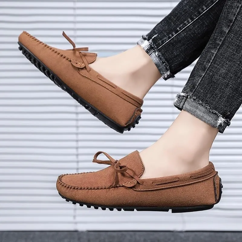 Men's Suede Loafers -Vegan Leather Lace-Up Moccasins, Flexible Lightweight Comfortable Driving Shoes for Fashion Prom Slip-On Wear