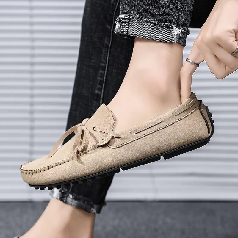 Men's Suede Loafers -Vegan Leather Lace-Up Moccasins, Flexible Lightweight Comfortable Driving Shoes for Fashion Prom Slip-On Wear