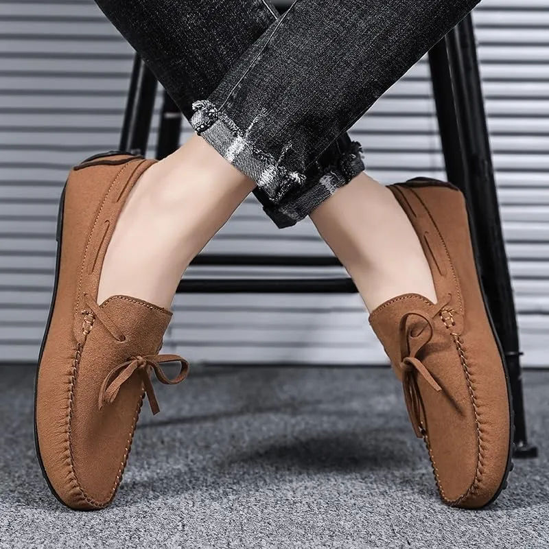 Men's Suede Loafers -Vegan Leather Lace-Up Moccasins, Flexible Lightweight Comfortable Driving Shoes for Fashion Prom Slip-On Wear