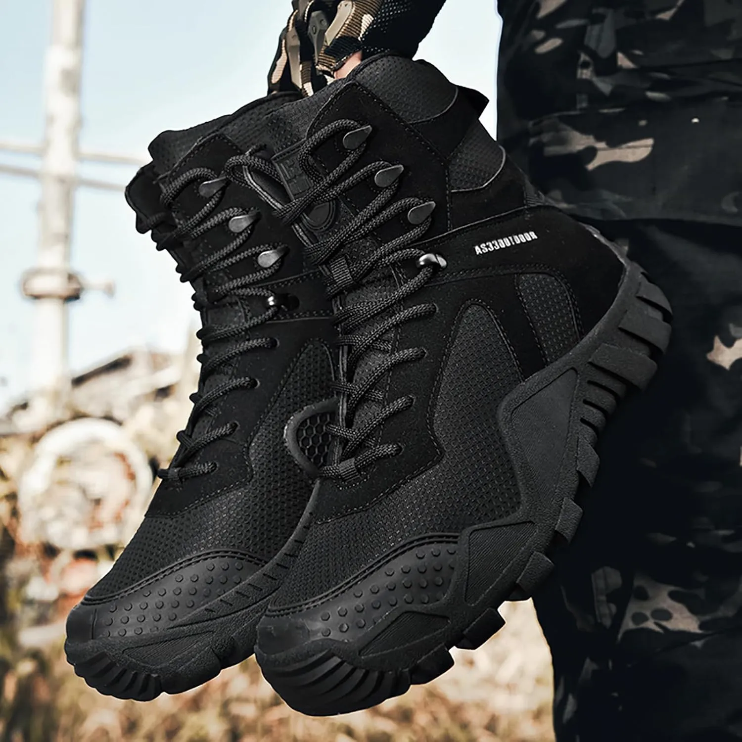 Men's Waterproof Military Tactical Boots Comfort Durable Leather Lace-Up Non-Slip Platform Hiking Boots Outdoor Motorcycle Combat Boots