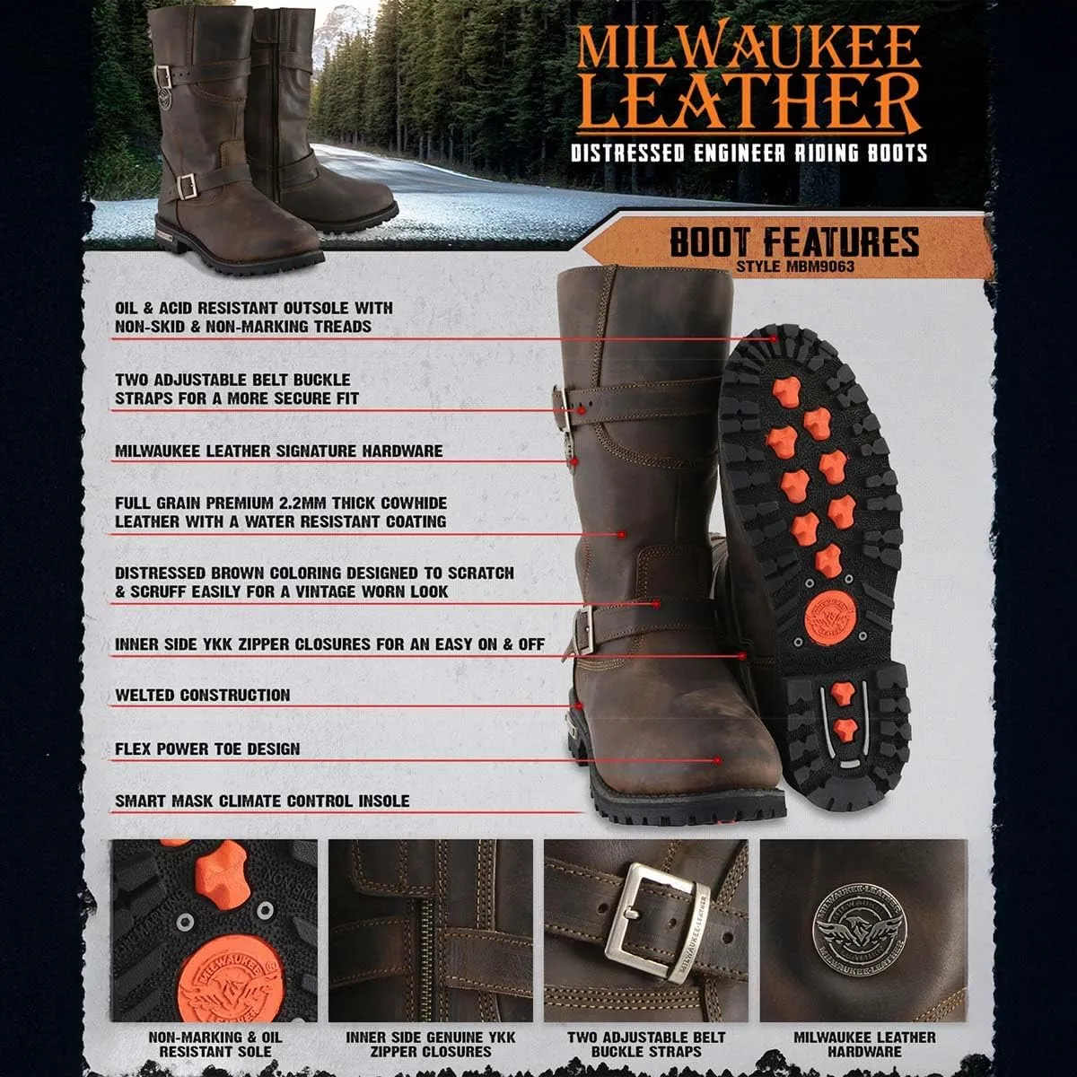 Milwaukee Leather MBM9063 Men's Classic Distressed Brown Leather Motorcycle Engineer Riding Biker Boots - 11.5