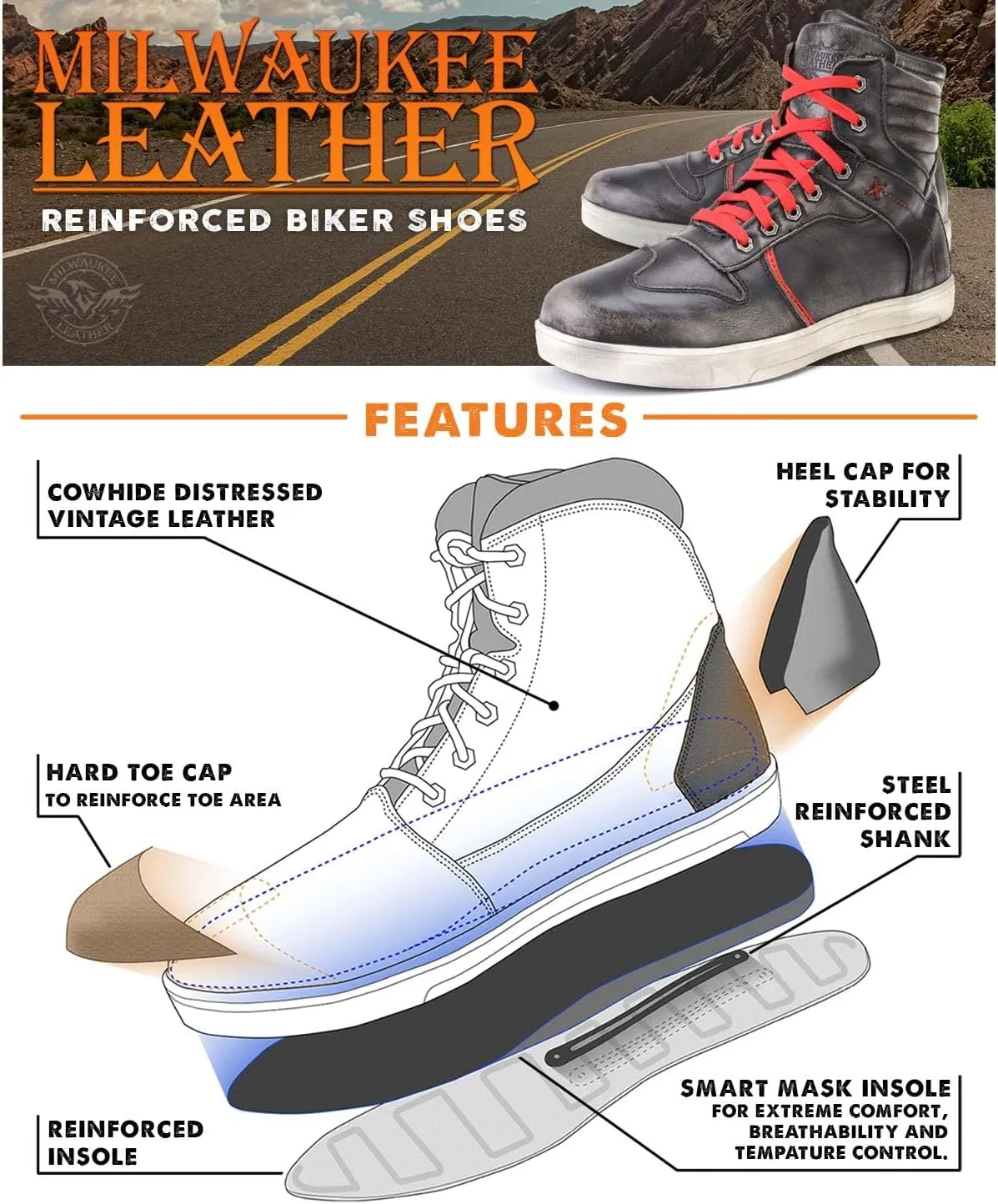 Milwaukee Leather Men's Motorcycle Reinforced Street Biker Casual Riding Shoes Leather Suede Canvas - 10.5