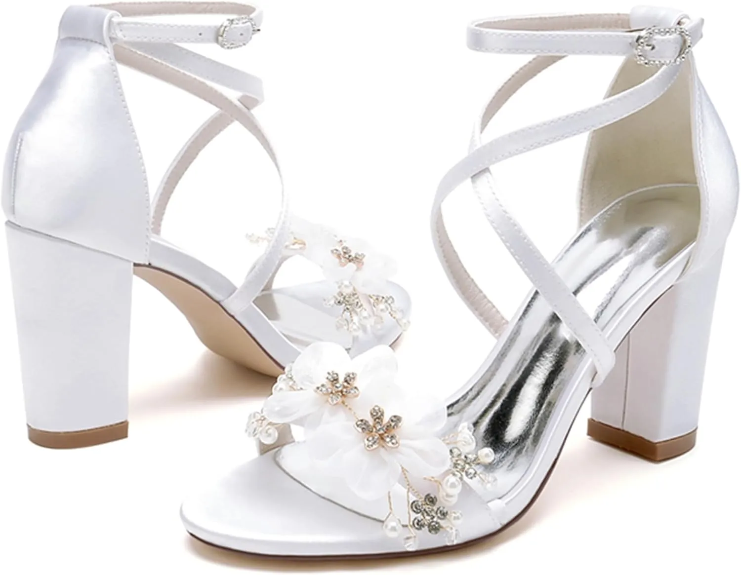 Minishion Womens Chunky Heel Wedding Shoes with Flower Ankle Strap Formal Party Sandals MS290