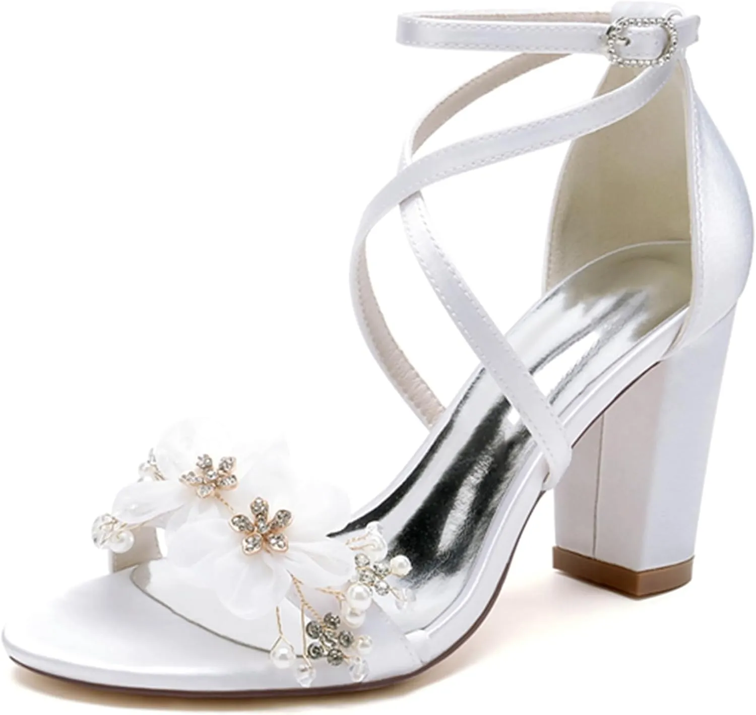 Minishion Womens Chunky Heel Wedding Shoes with Flower Ankle Strap Formal Party Sandals MS290