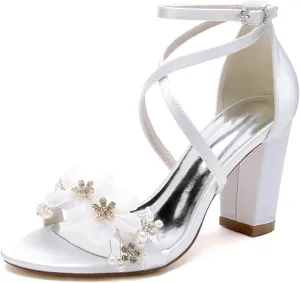 Minishion Womens Chunky Heel Wedding Shoes with Flower Ankle Strap Formal Party Sandals MS290
