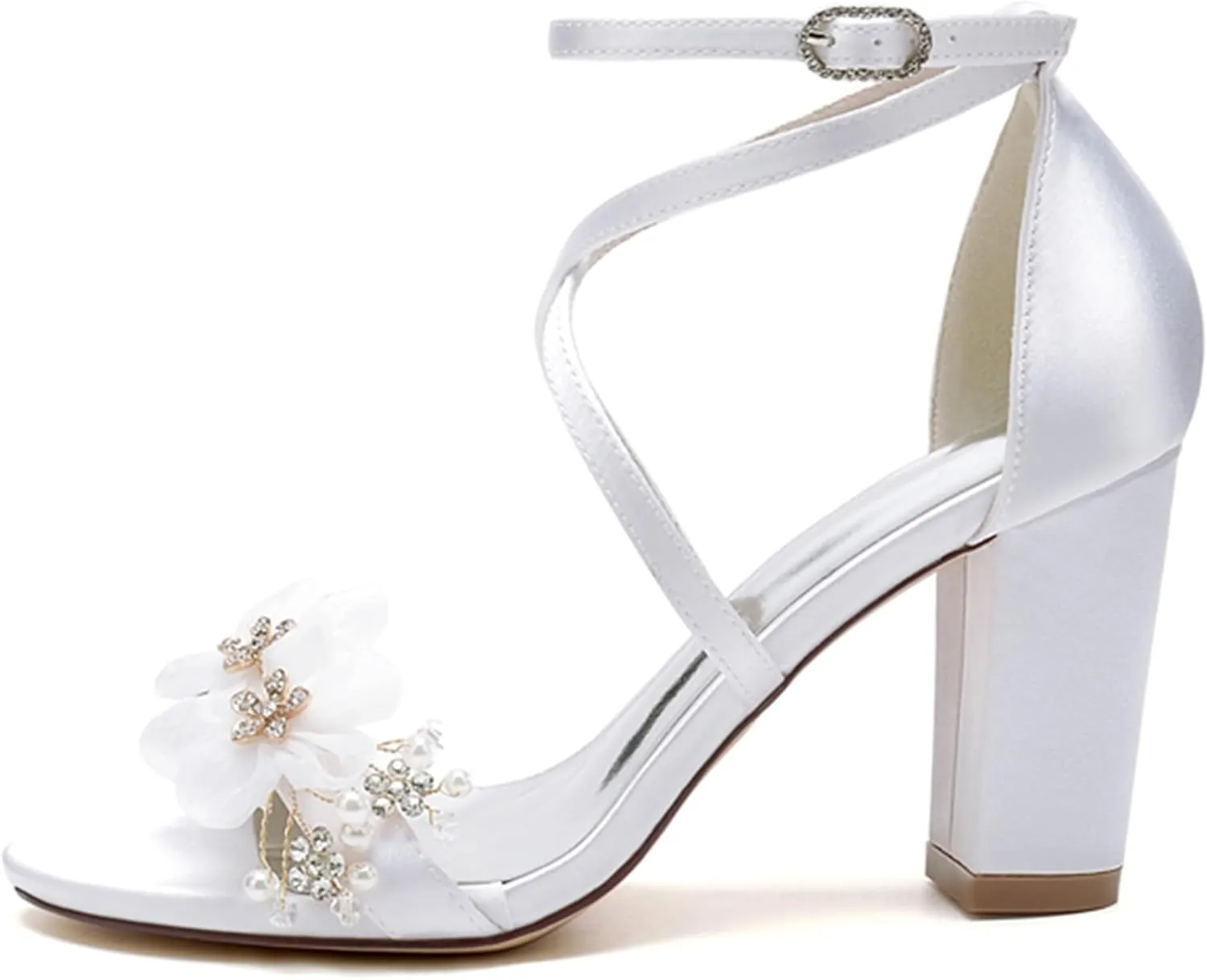 Minishion Womens Chunky Heel Wedding Shoes with Flower Ankle Strap Formal Party Sandals MS290