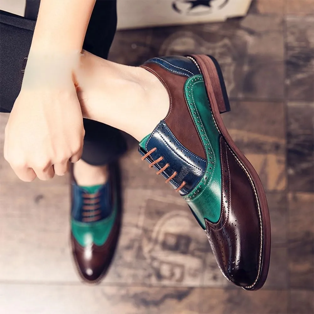 Modern Casual Lace-up Leather Shoes Classic Low Top Non Slip Oxfords Vintage Splicing Brogue Embossed Dress Shoes
