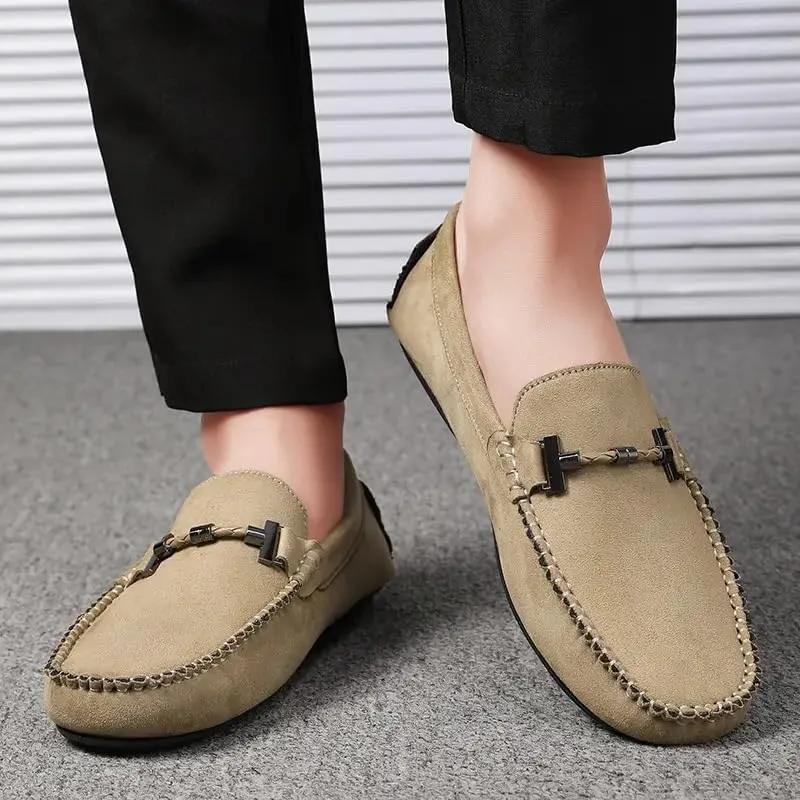 New Mens Loafers Shoe Suede Vamp Round Toe Driving Shoes Lightweight Comfortable Flat Heel Classic Slip-on