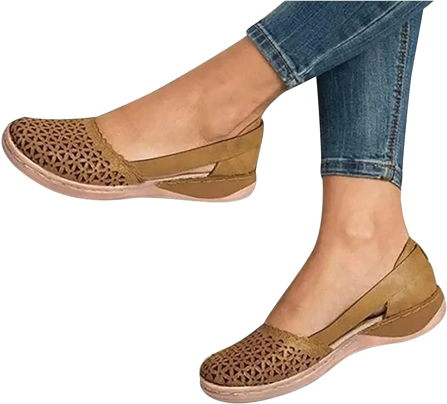 Orthopedic Sandals for Women Summer Round Closed Toe Low Heel Sandals Fashion Casual Hollow Ballet Flats Slip On Loafers Lightweight Breathable Walking Shoes Comfy Wedge Sandalias