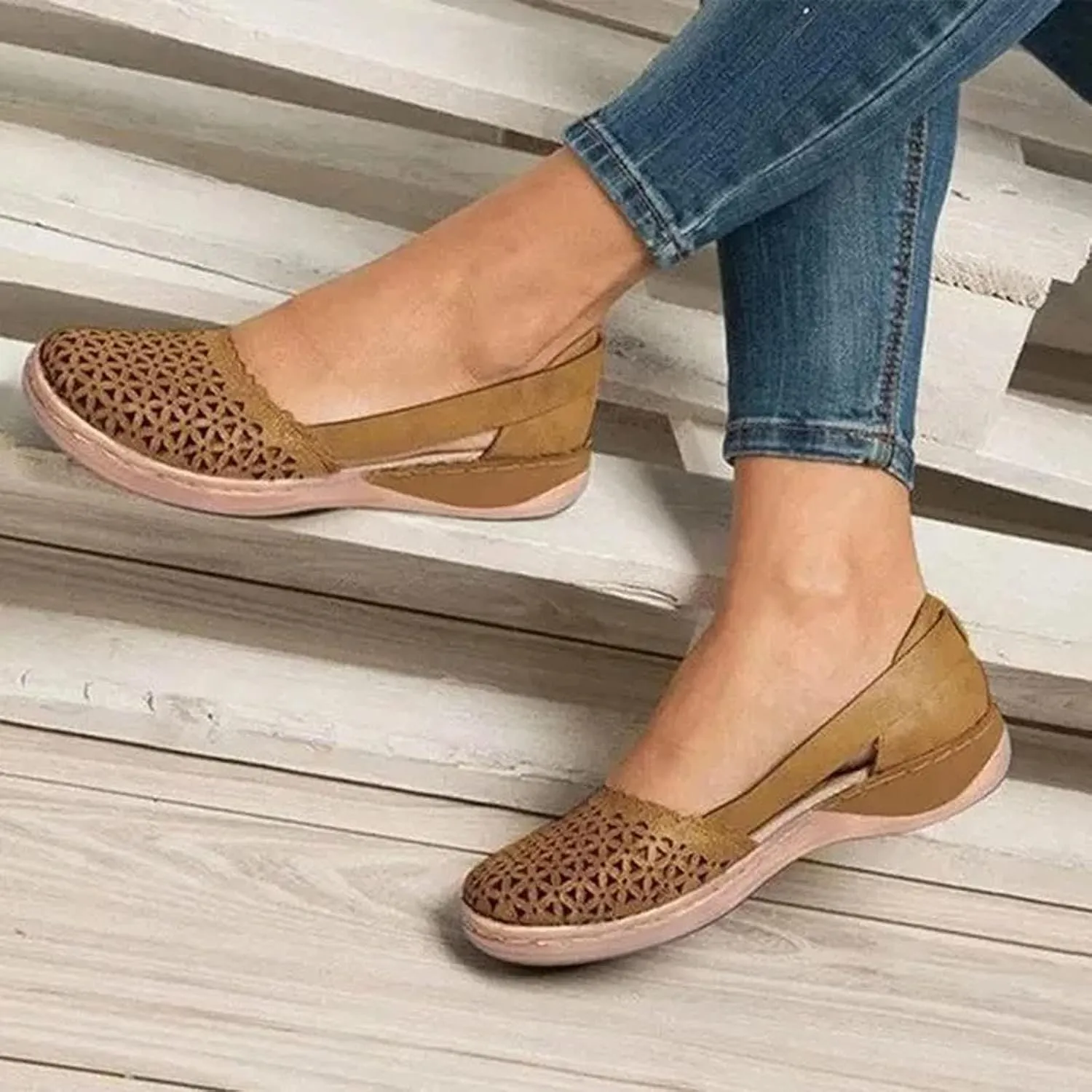 Orthopedic Sandals for Women Summer Round Closed Toe Low Heel Sandals Fashion Casual Hollow Ballet Flats Slip On Loafers Lightweight Breathable Walking Shoes Comfy Wedge Sandalias