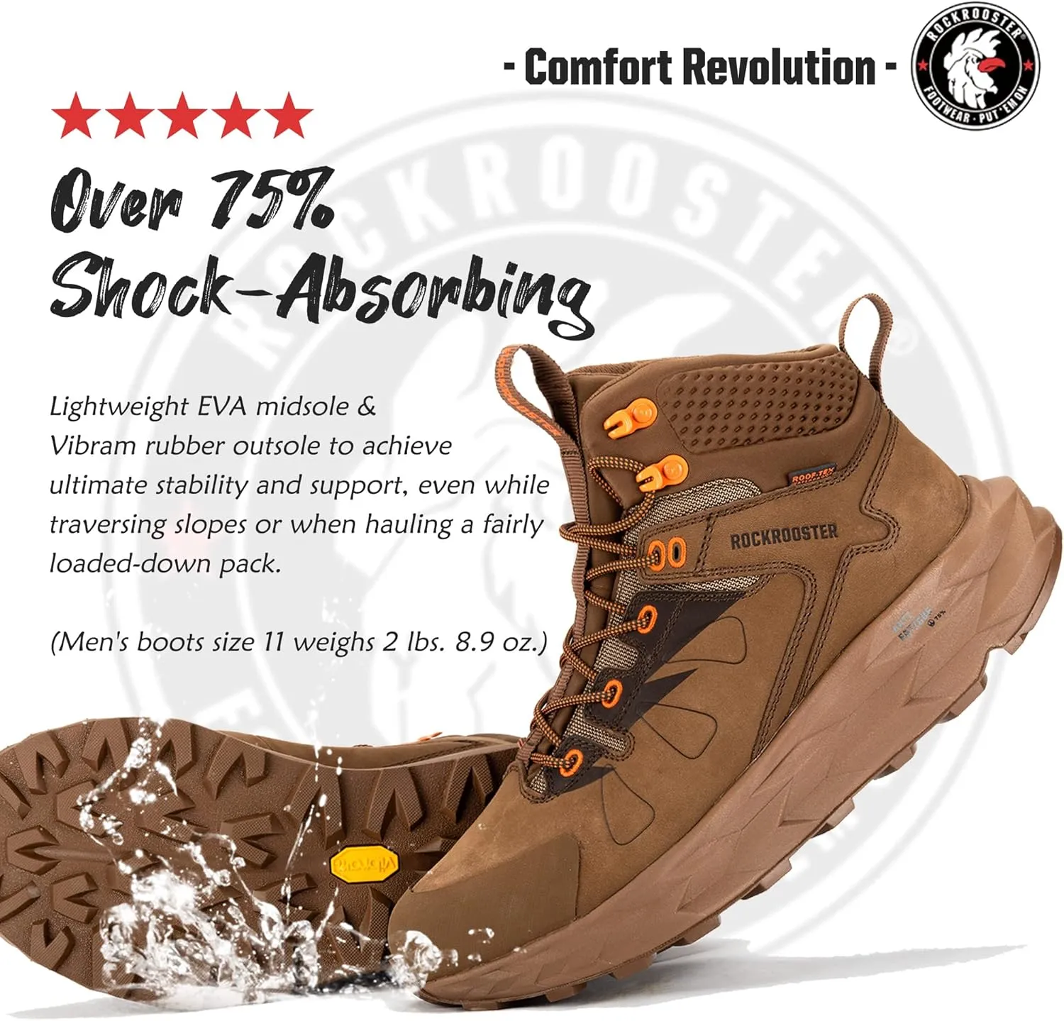 ROCKROOSTER Farmington 2 Waterproof Hiking Boots for Men, 6" Anti-Fatigue Outdoor Nubuck Leather Shoes