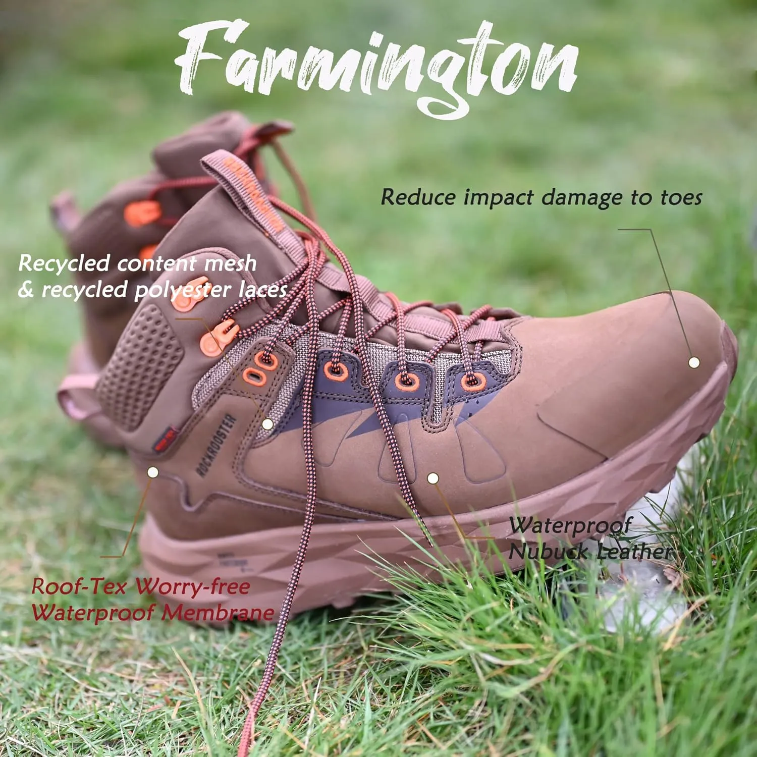 ROCKROOSTER Farmington 2 Waterproof Hiking Boots for Men, 6" Anti-Fatigue Outdoor Nubuck Leather Shoes
