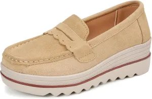Ruiatoo Womens Slip on Loafers Comfortable Thick Soft Platform Shoes Business Casual Walking Shoes (8775, Khaki 40)