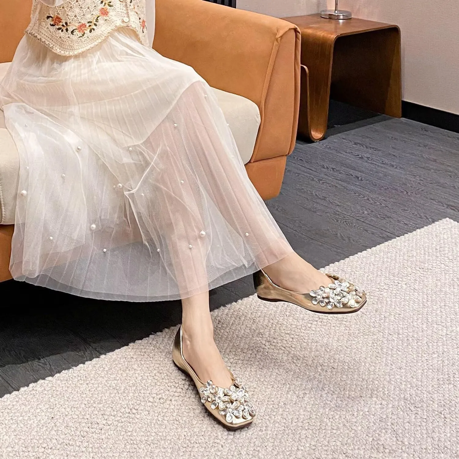 SAILING LU Womens Rhinestones Square Toe Ballet Flats Dressy Comfortable Flat Shoes Wedding Elegant Slip-Ons for Women