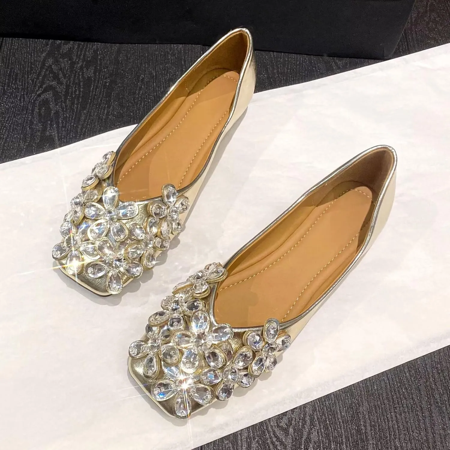 SAILING LU Womens Rhinestones Square Toe Ballet Flats Dressy Comfortable Flat Shoes Wedding Elegant Slip-Ons for Women