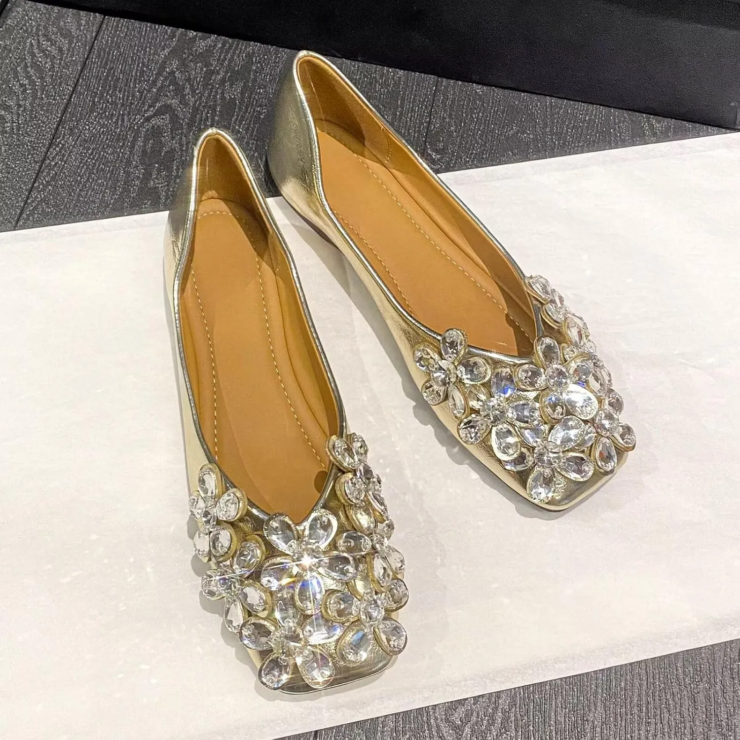 SAILING LU Womens Rhinestones Square Toe Ballet Flats Dressy Comfortable Flat Shoes Wedding Elegant Slip-Ons for Women