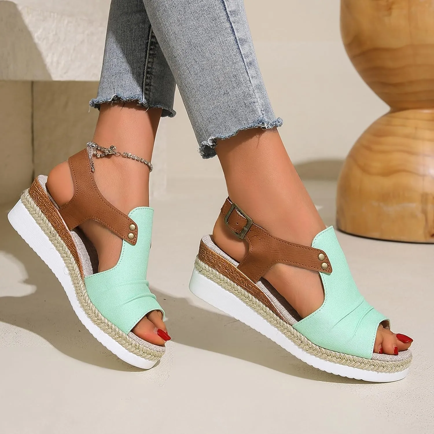 Sandals for Women 2024 Espadrilles Comfort Ladies Fish Mouth Breathable Bohemian Beach Buckle Women's Platform Sandals
