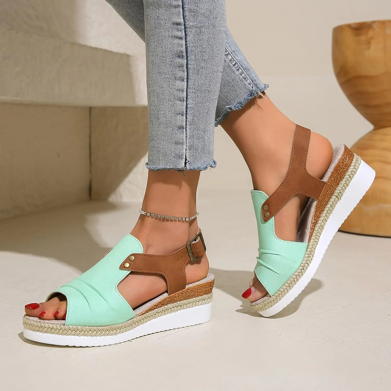 Sandals for Women 2024 Espadrilles Comfort Ladies Fish Mouth Breathable Bohemian Beach Buckle Women's Platform Sandals