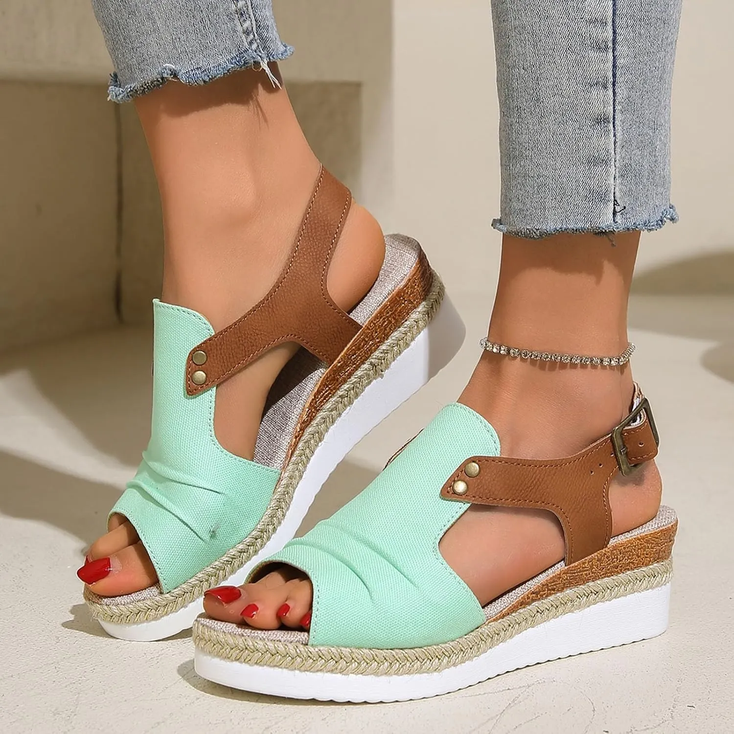 Sandals for Women 2024 Espadrilles Comfort Ladies Fish Mouth Breathable Bohemian Beach Buckle Women's Platform Sandals