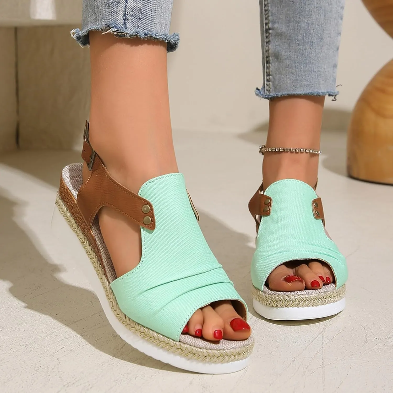 Sandals for Women 2024 Espadrilles Comfort Ladies Fish Mouth Breathable Bohemian Beach Buckle Women's Platform Sandals