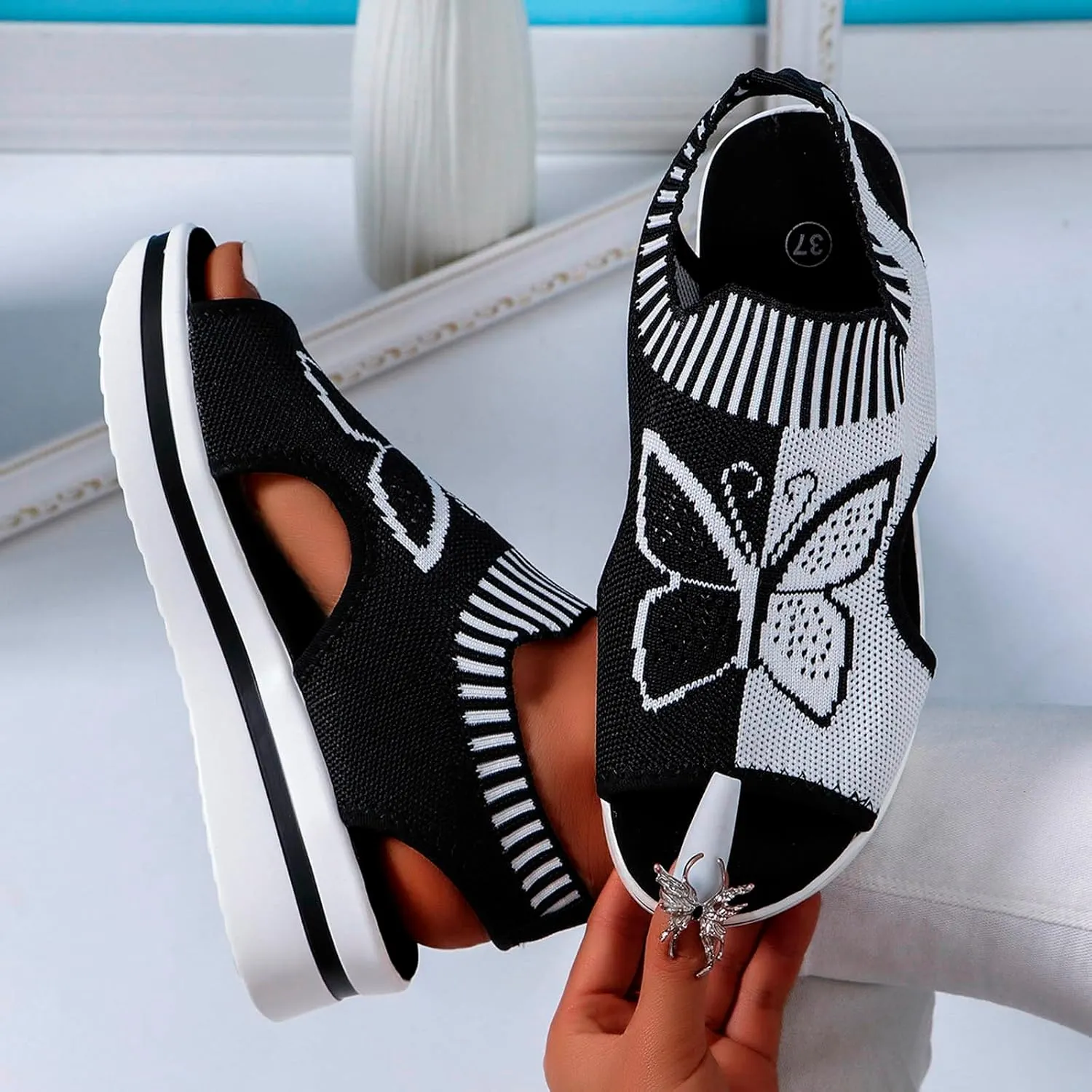 Sandals for Women 2024 Wedge Peep Toe Mesh Sporty Sandals Women Summer Fashion Butterfly Embroidered Womens Sandals