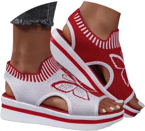 Sandals for Women 2024 Wedge Peep Toe Mesh Sporty Sandals Women Summer Fashion Butterfly Embroidered Womens Sandals