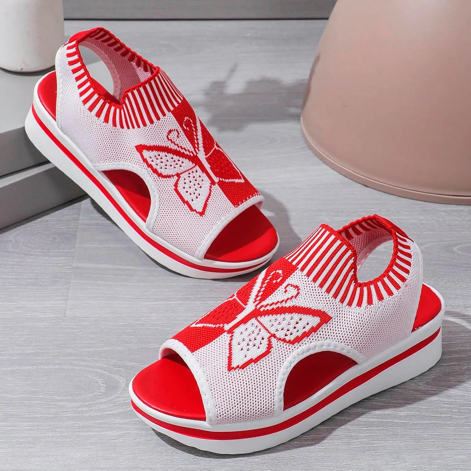 Sandals for Women 2024 Wedge Peep Toe Mesh Sporty Sandals Women Summer Fashion Butterfly Embroidered Womens Sandals