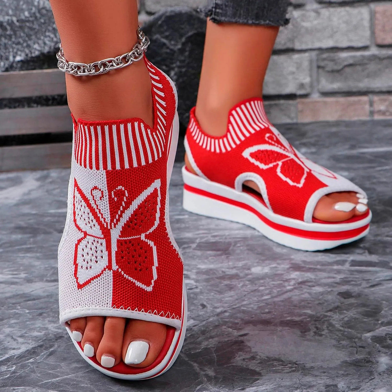 Sandals for Women 2024 Wedge Peep Toe Mesh Sporty Sandals Women Summer Fashion Butterfly Embroidered Womens Sandals