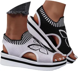 Sandals for Women 2024 Wedge Peep Toe Mesh Sporty Sandals Women Summer Fashion Butterfly Embroidered Womens Sandals