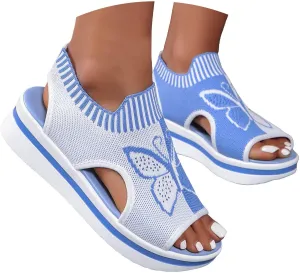 Sandals for Women 2024 Wedge Peep Toe Mesh Sporty Sandals Women Summer Fashion Butterfly Embroidered Womens Sandals