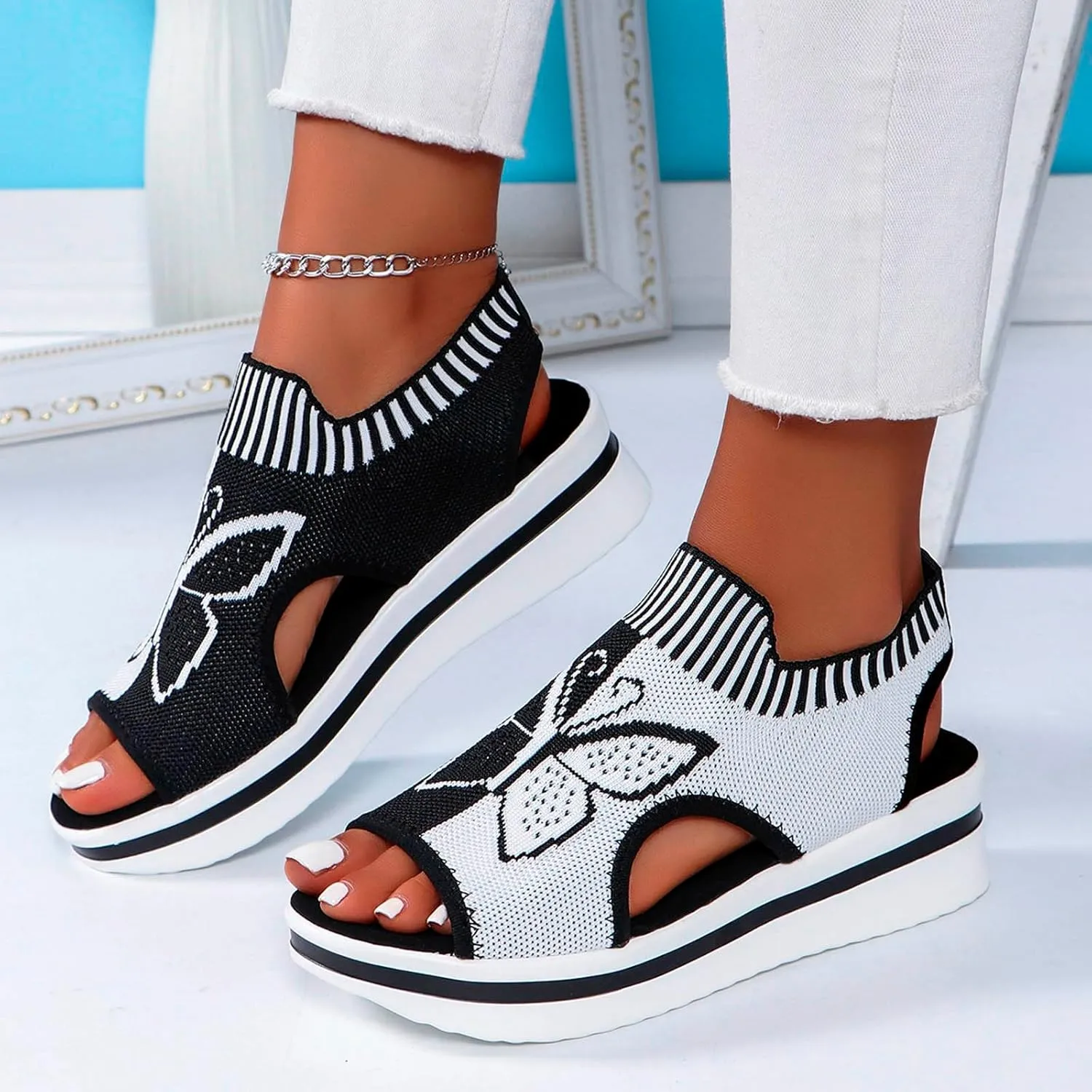 Sandals for Women 2024 Wedge Peep Toe Mesh Sporty Sandals Women Summer Fashion Butterfly Embroidered Womens Sandals