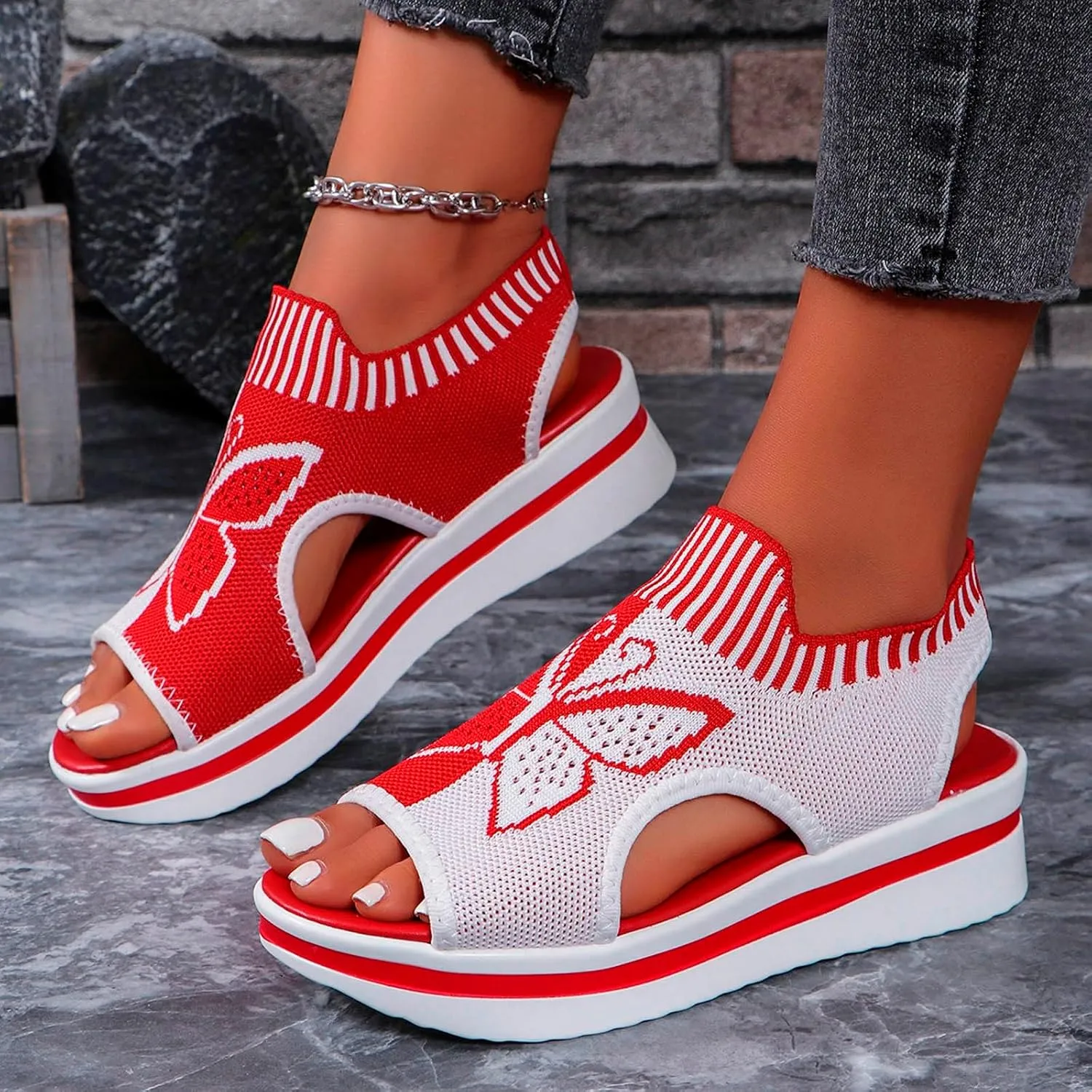 Sandals for Women 2024 Wedge Peep Toe Mesh Sporty Sandals Women Summer Fashion Butterfly Embroidered Womens Sandals