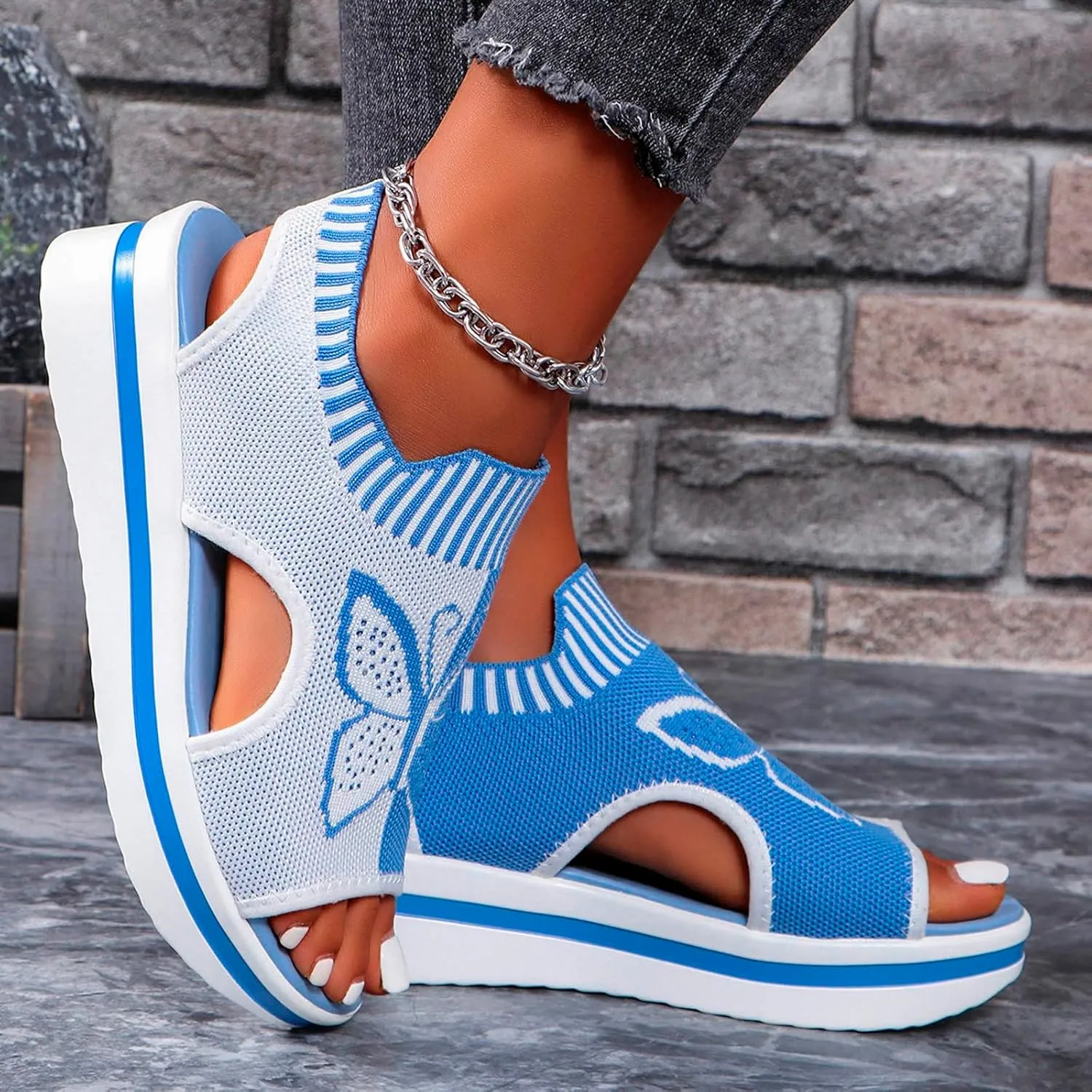Sandals for Women 2024 Wedge Peep Toe Mesh Sporty Sandals Women Summer Fashion Butterfly Embroidered Womens Sandals